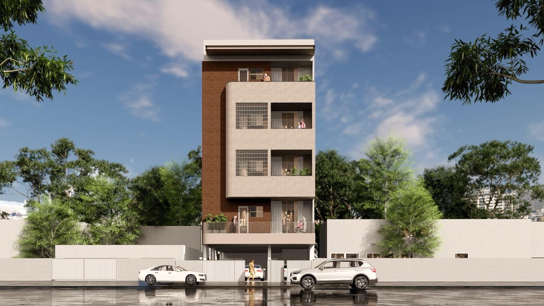 Front elevation: rounded render frame with jaali screens beside red brick, design visualisation