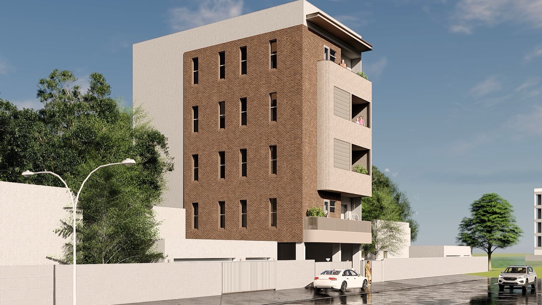 Side elevation in red brick with a regular grid of slender vertical windows, design visualisation