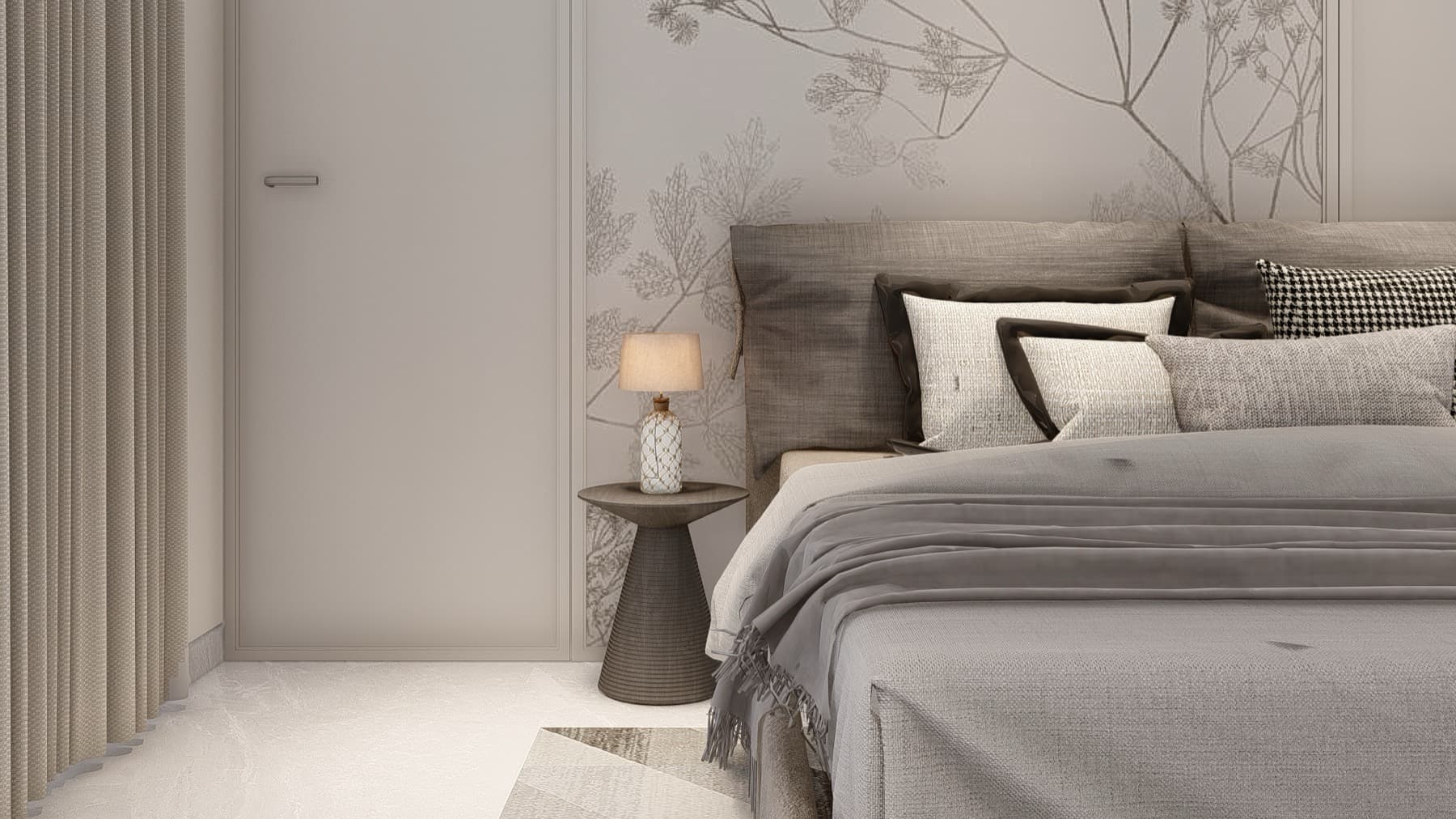 Bedroom with botanical sketch wallpaper in moulded panels behind a grey upholstered bed, design visualisation