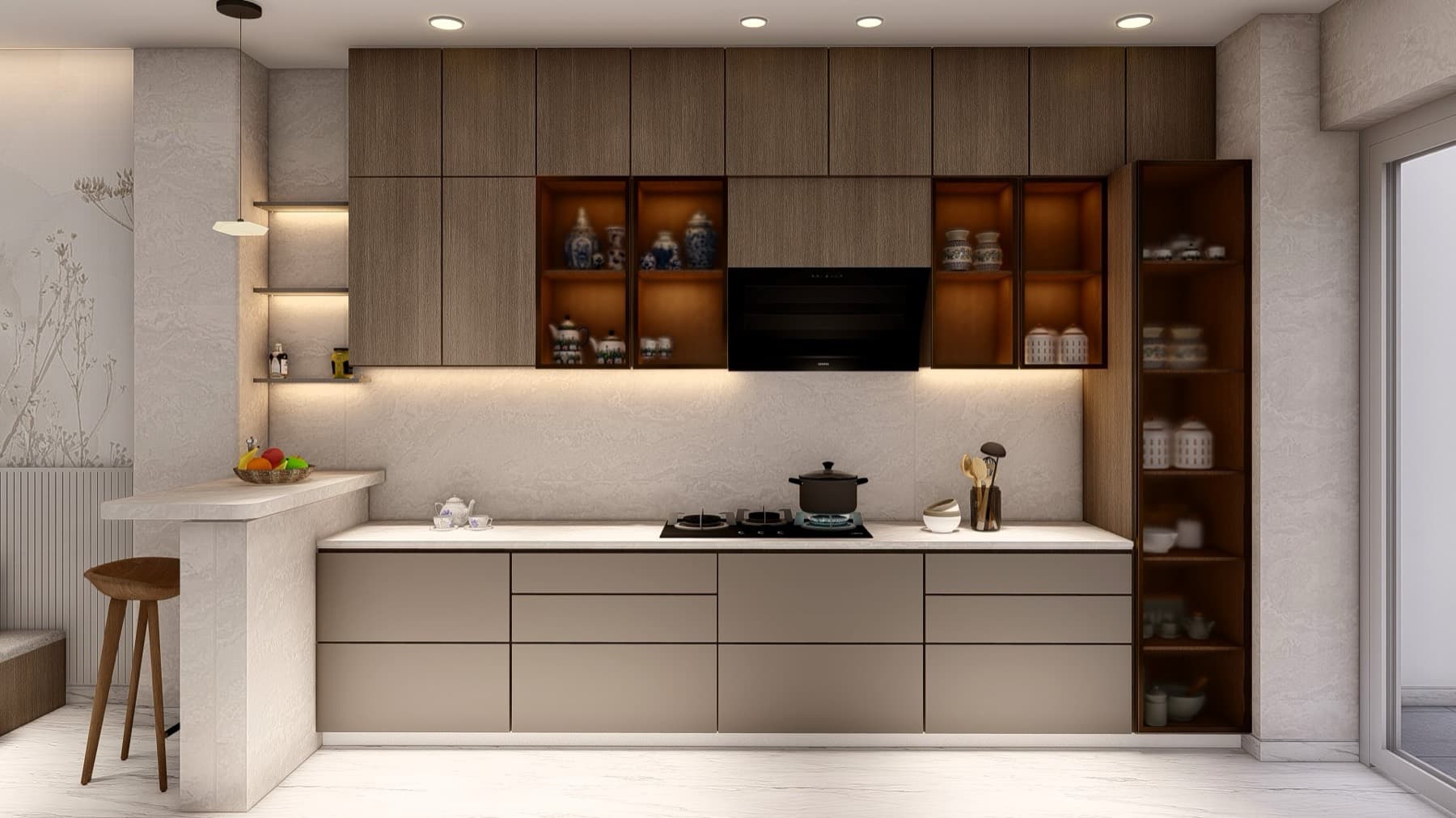 Kitchen with walnut-grain upper cabinets, lit copper-toned open niches and taupe drawers, design visualisation