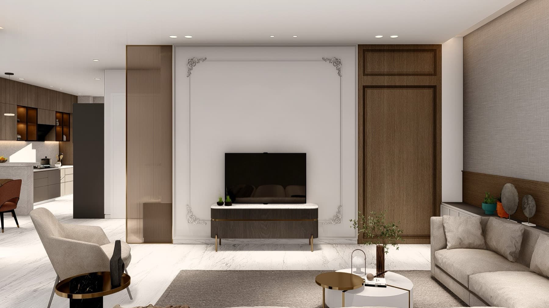Living room with moulded white TV wall, fluted bronze glass screen and walnut panel, design visualisation