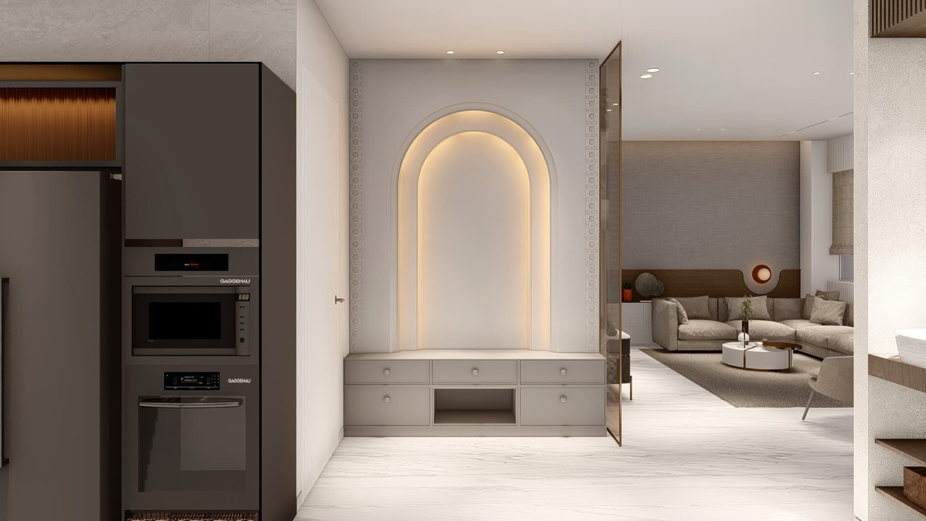 Pooja niche with a backlit double arch and drawers below, beside a tinted glass panel, design visualisation