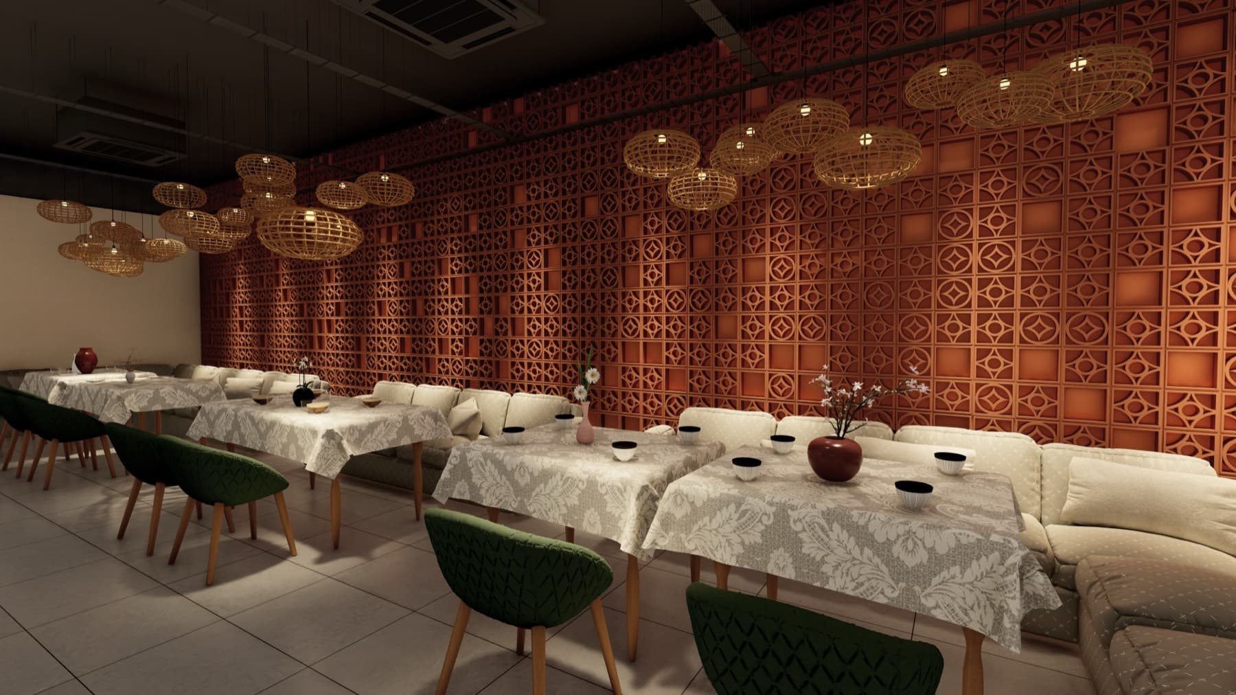 Lounge with a terracotta breeze-block jaali wall, rattan pendant clusters and green shell chairs, design visualisation