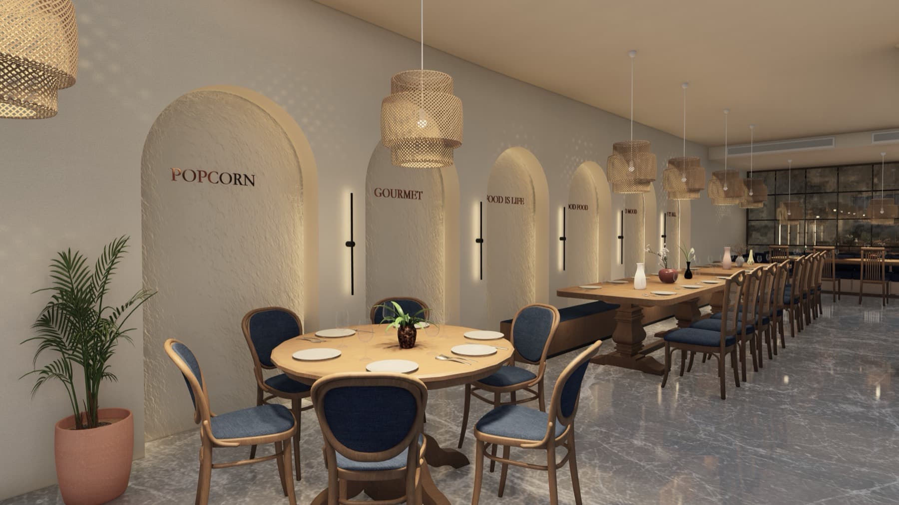 Party hall with lettered plaster arches, woven pendants and blue upholstered bentwood chairs, design visualisation