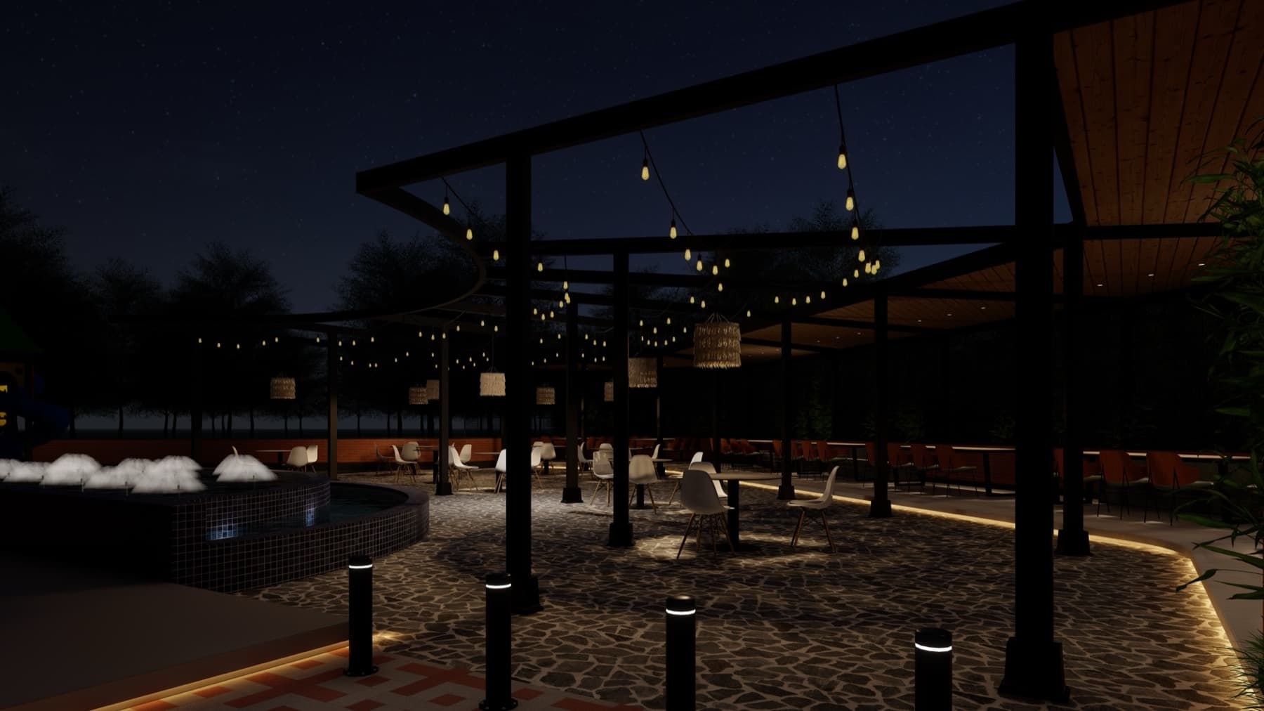 Night court with festoon-lit steel pergolas, mosaic fountain and flagstone paving, design visualisation