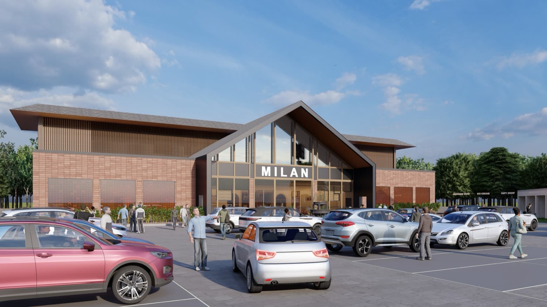 Gabled glass entrance between red brick wings with jaali screens, seen across the car park, design visualisation