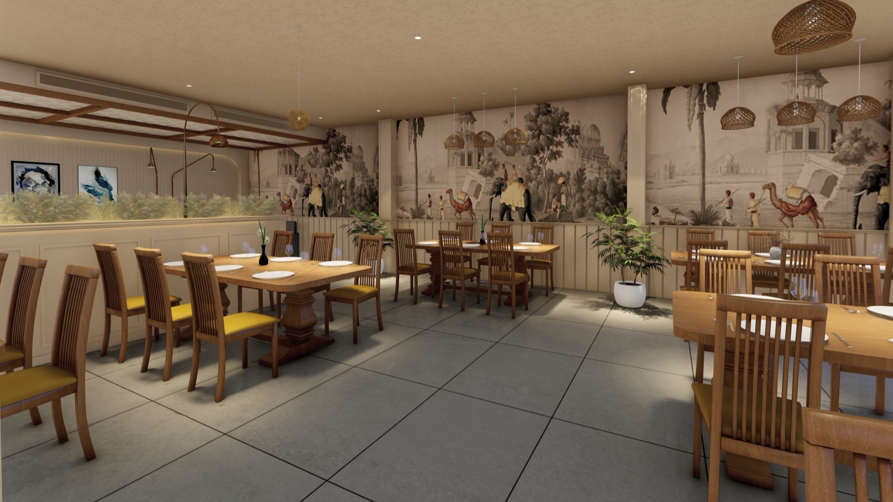 Dining hall with hand-painted caravan mural — design visualisation